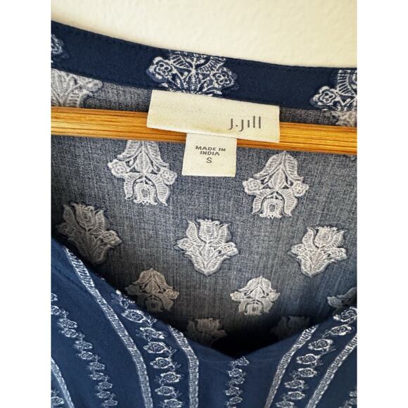 J. Jill Top Small Blue Tunic Flouse Indian Print Slit Side Lagenlook Boho Blouse - Picture 8 of 11